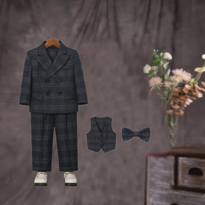 Boys 4Pieces Brown Plaid Wedding Outfit With Jacket Vest Pants Bowtie Kids Formal Wear for Piano Host Speech Performance