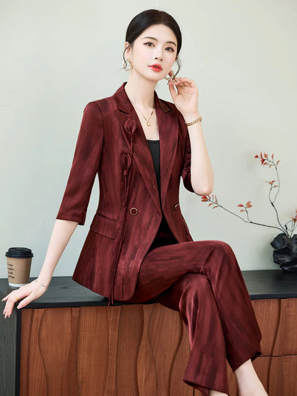Spring Ladies Pant Suit Women Pink Wine Red Female Business Work Wear Half Sleeve Jacket and Trouser Formal 2 Piece Set Blazer