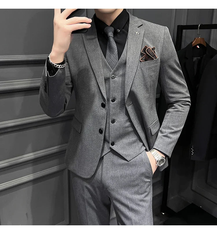 Men's Slim Fit 3-Piece Suit – Solid Color, Smart Casual & Wedding
