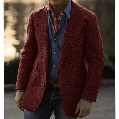 Men's Herringbone Tweed Blazer – Wool Blend, Classic British Style, Business & Wedding