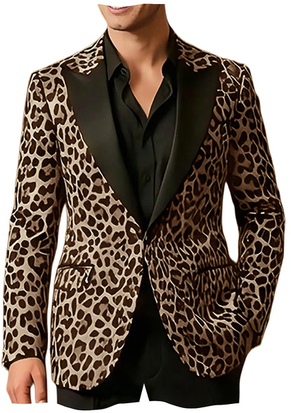 Men's Leopard Print Tuxedo Blazer Satin Lapel Slim Fit One Button Suit Jacket Party Club Stage Wedding Dinner Formal Coat