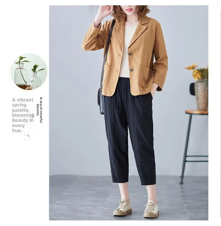 Casual Cotton Linen Short Suit Jacket Women's Spring 2025 Loose Fit Long Sleeve Artistic Large Size Casual Style Top