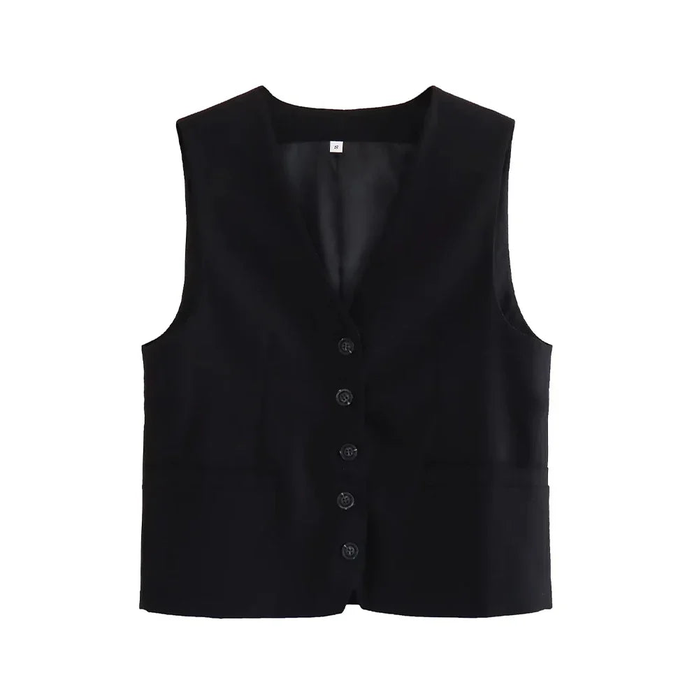 Women Fashion Front Button Linen Blend Waistcoat Vintage V Neck Sleeveless Female Outerwear Chic Vest Tops