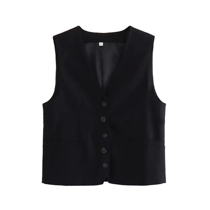 Women Fashion Front Button Linen Blend Waistcoat Vintage V Neck Sleeveless Female Outerwear Chic Vest Tops