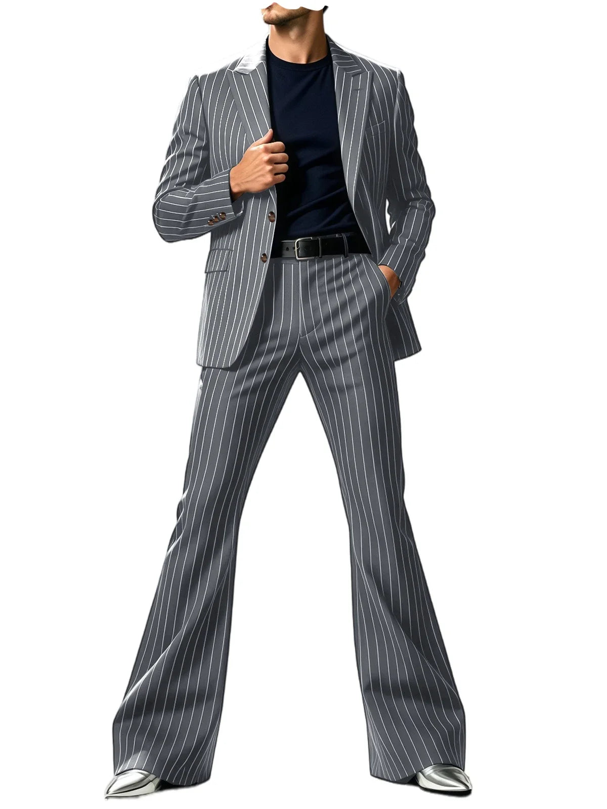 Men's Suit 2-Piece Slim Fit Pinstripe Blazer & High Waist Flared Pants for Business Casual and Formal Occasions