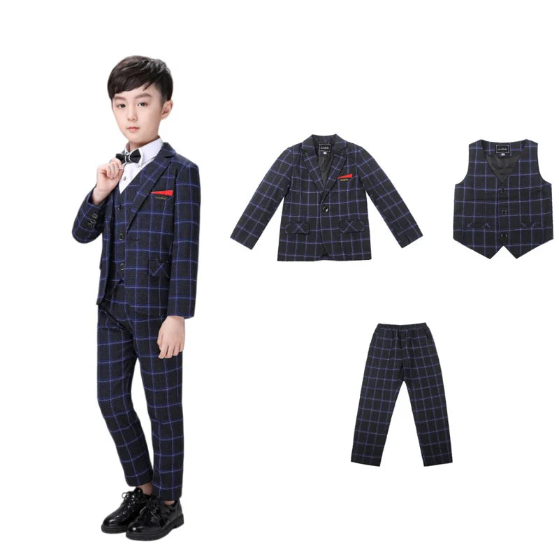 Clearance Stock sale Boys Spring Plaid 3Pieces/Set Jacket Vest Pants Photography Suit Kids Wedding Party Dress Children Costume