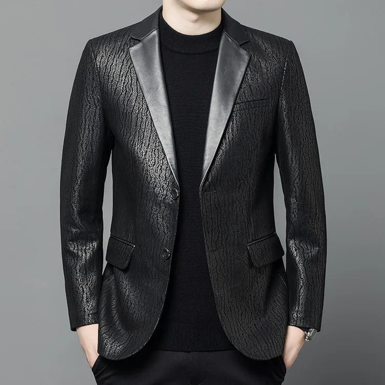 Men's Sheepskin Leather Blazer Single Breasted Winter Moto Jacket