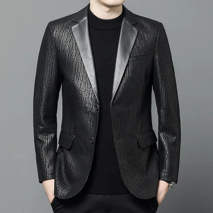 Men's Sheepskin Leather Blazer Single Breasted Winter Moto Jacket