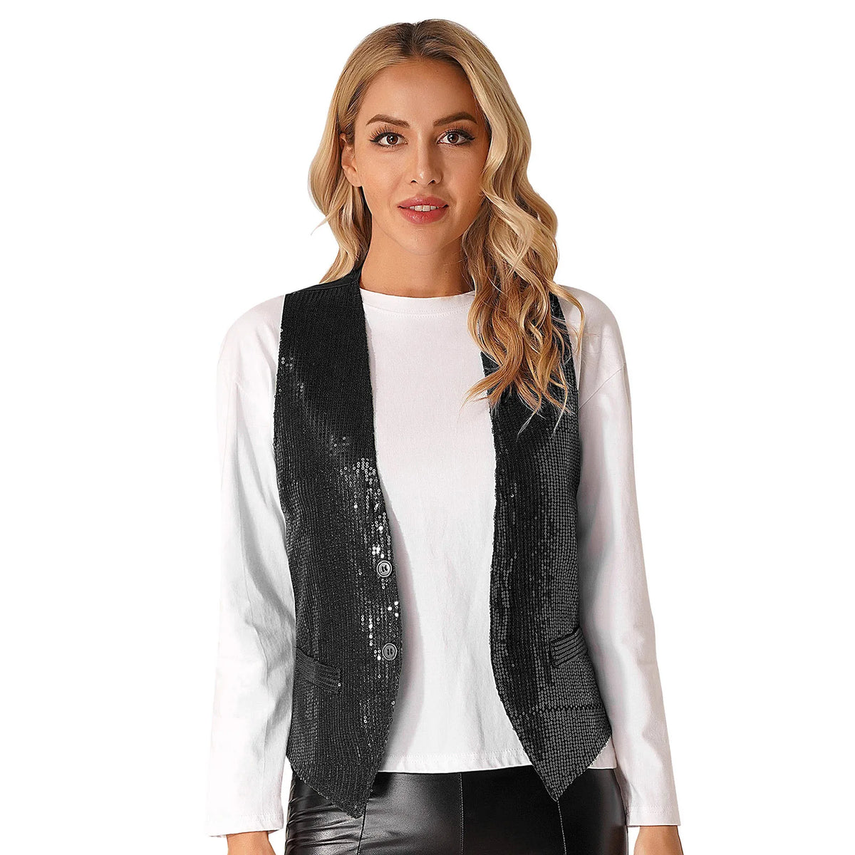 Fashion Women Sleeveless Vests Glittery Sequins Vest Music Festival Clubwear Waistcoat for Jazz Dancing Party Club Costumes