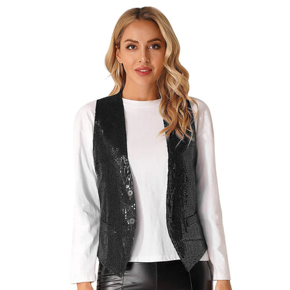 Fashion Women Sleeveless Vests Glittery Sequins Vest Music Festival Clubwear Waistcoat for Jazz Dancing Party Club Costumes