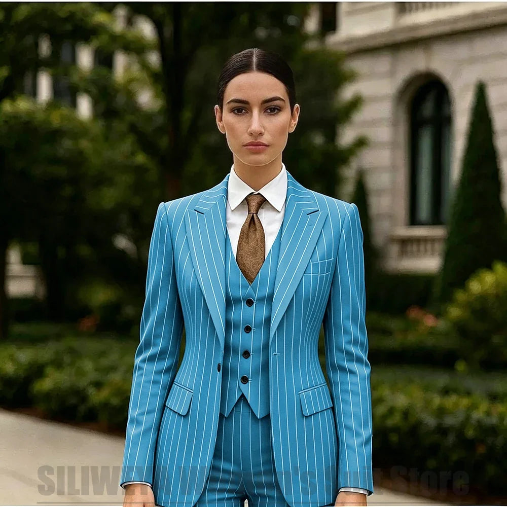 White Striped Women Suit 3 Piece Chic Peak Lapel One Button Blazer Vest Pants Formal Office Business Wedding Party Wear