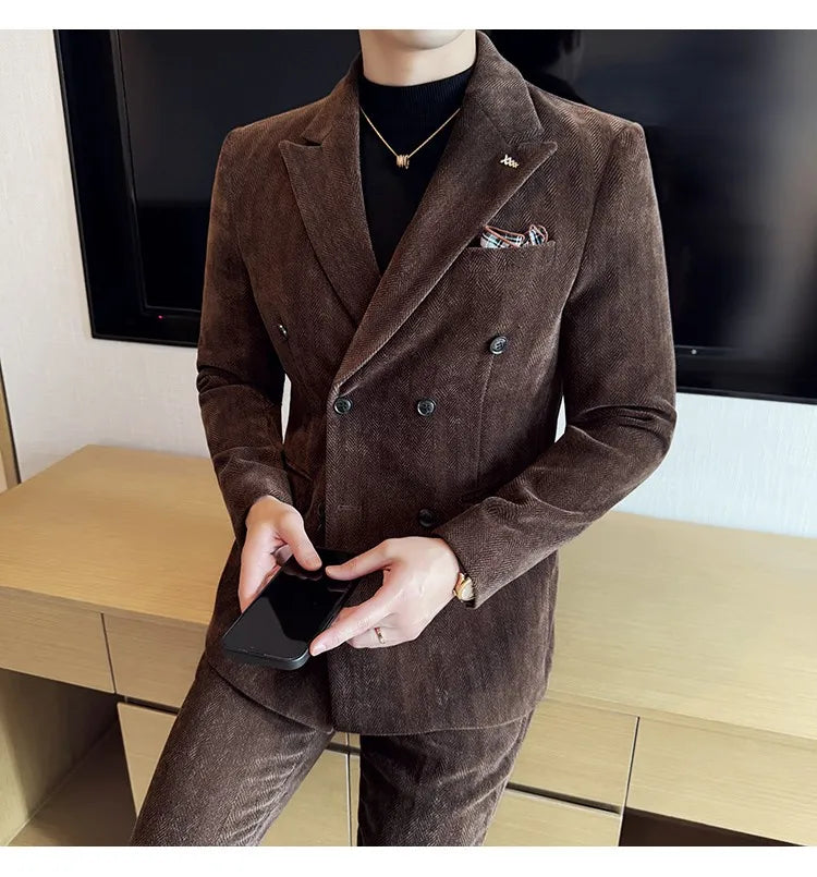 2025 Winter Woolen Men's Wedding Groom Suit Double Breasted Suit 3 Piece Set Business Casual Office Work Party Prom Dress Suits