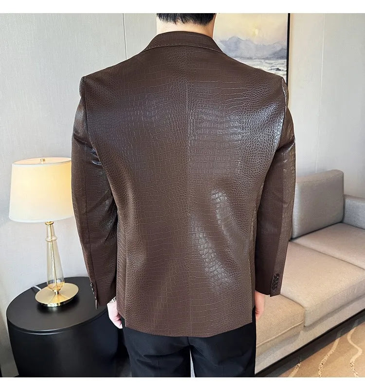 2026 Crocodile Patterned Leather Suit Jacket Men Slim Fit Business Casual Leather Jacket Wedding Groom Party Work Men Blazers
