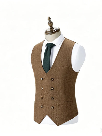 Men's Herringbone Vest – Double Breasted V-Neck Waistcoat for Weddings & Formal Occasions