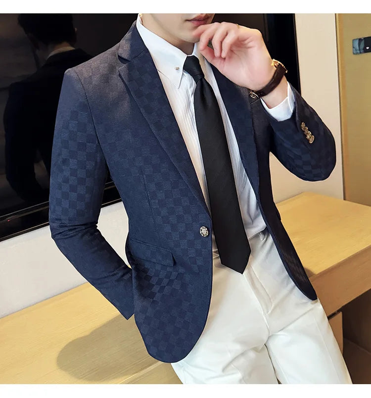 2024 Spring Plaid Blazers Men Single Breasted Casual Business Suit Jacket Fashion Slim Social Banquet Wedding Groom Dress Coats