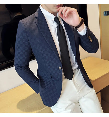 2024 Spring Plaid Blazers Men Single Breasted Casual Business Suit Jacket Fashion Slim Social Banquet Wedding Groom Dress Coats