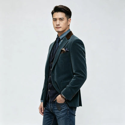 Men Velvet Blazer Contrast Brown Lapel Single Breasted Flap Pockets Smart Casual Business Streetwear Formal Outerwear