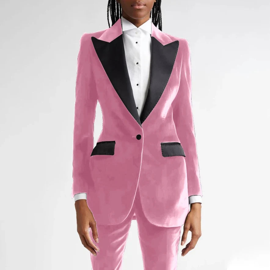 Black Flannel Women Suit Customized Single-grain Buckle Peaked Lapel Two Pieces(Jacket+Pants) Modern Business Office Lady Set