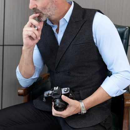 Men's Double-Breasted Herringbone Vest for Weddings & Formal Occasions