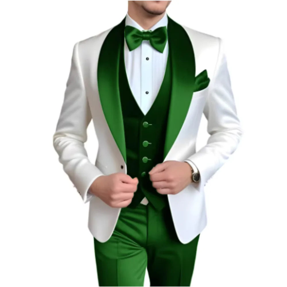 Men's 3-Piece Suit with Scarf Lapel — Single-Breasted Tuxedo for Weddings & Formal Events