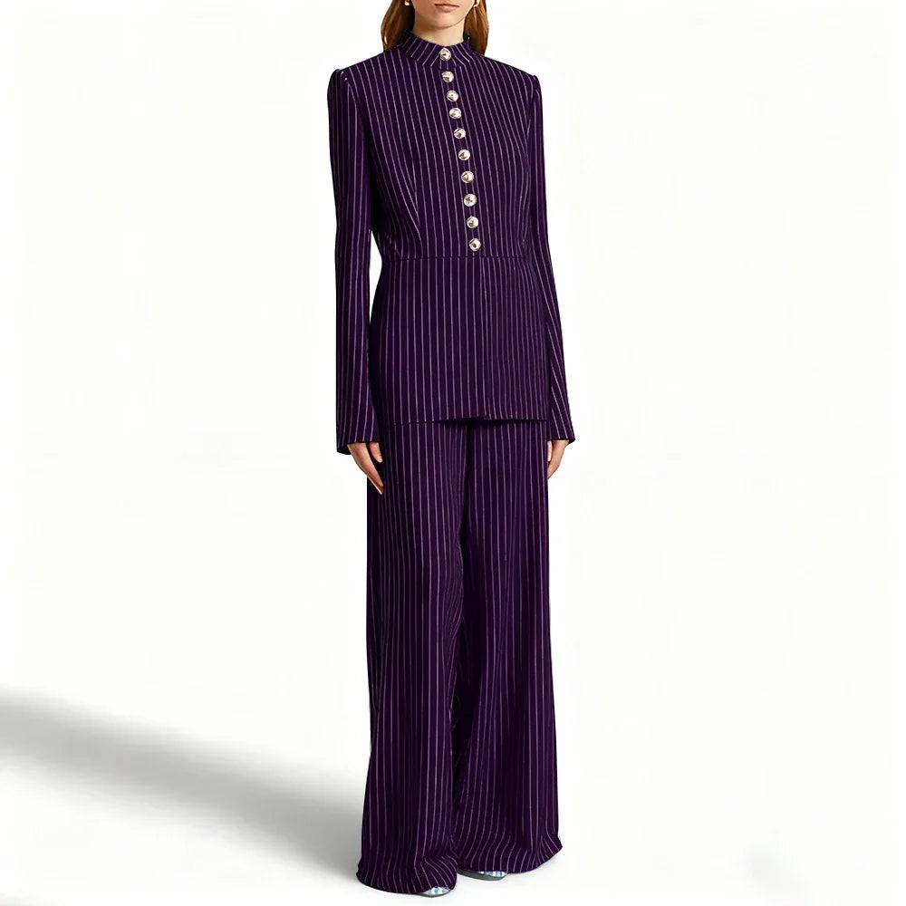 Elegant Women's Suits Pinstripe Two-piece(Jacket+Pants) Set with Stand Collar Gold Single Breasted Business Office Lady Outfit