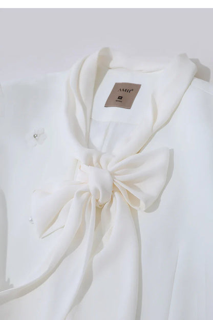 Women's Jacket 2026 Autumn New Elegant Commuter Beaded Flower Chiffon Streamer Tie Blazers Solid Loose V-Neck Top 12641078