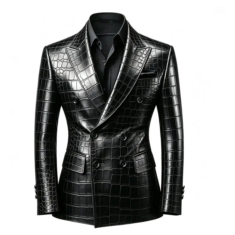 Men's Crocodile Embossed Leather Blazer Jacket Slim Fit Double Breasted Formal Suit Coat for Business Office Wrok Banquet Party
