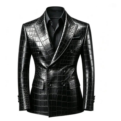 Men's Crocodile Embossed Leather Blazer Jacket Slim Fit Double Breasted Formal Suit Coat for Business Office Wrok Banquet Party