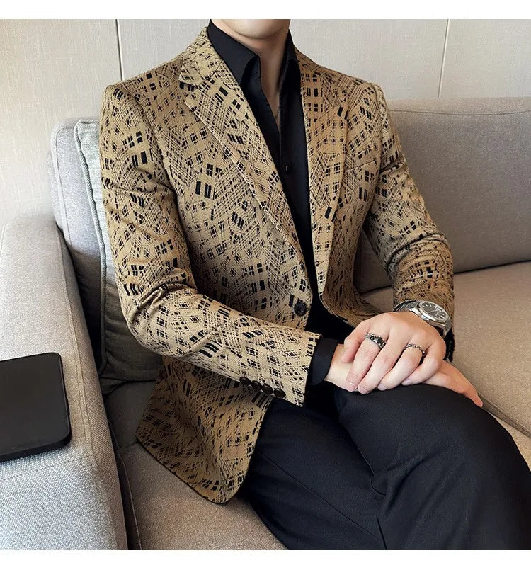 Korean Slim Fit Casual Suit Jacket for Men Fashion Camouflage Business Social Blazers Wedding Streetwear Dress Coat Men Clothing