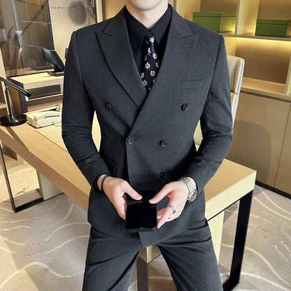 Men's Double Breasted Suit Set – Slim Fit Blazer, Vest & Pants for Wedding & Business