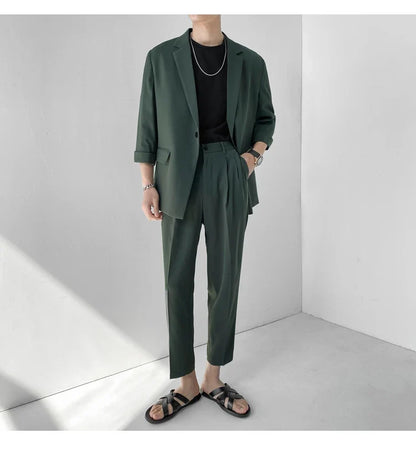 2022 Fashion Summer 2-piece Set Solid Color Single-breasted Casual Simple Student Wear Homme Loose Suits Wear (Blazers + Pants)
