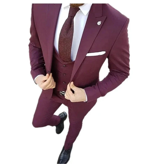 Slim Fit Casual Men Suits 3 Piece Groom Tuxedo for Wedding Prom Burgundy and White Male Fashion Costume Jacket Waistcoat Pants