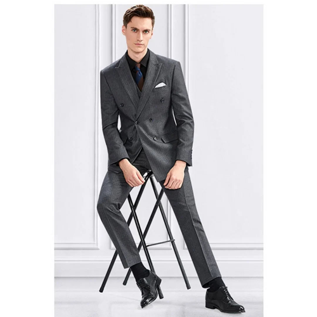 Men Suit Luxury 2023 Dark Grey Stripe Pattern Double Breasted 3 Pcs(Jacket+Pants+Vest) Formal Business Blazer Gentlemen Slim Fit