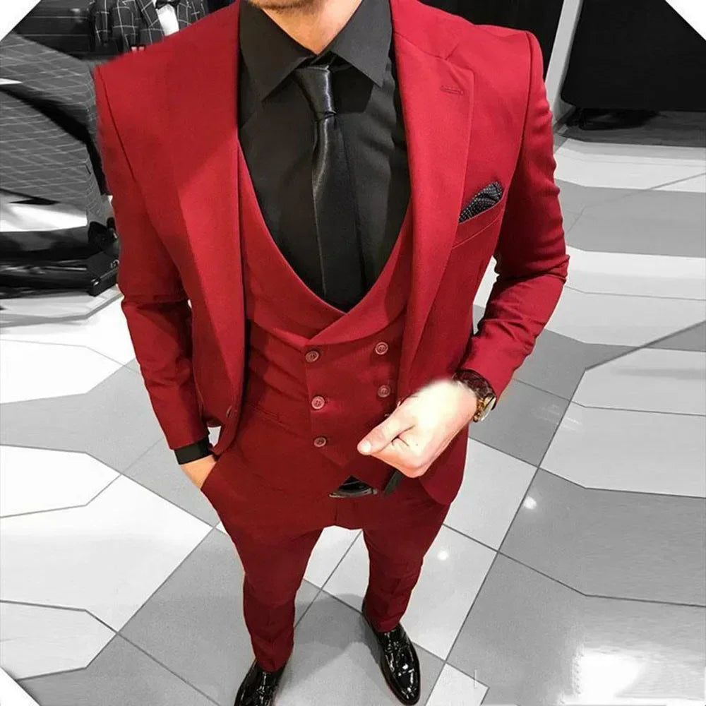 Fashion Red Notch Lapel Suits For Men Smart Casual Slim Fit Blazers Hombre Business High Quality Custom 3 Piece Set Costume
