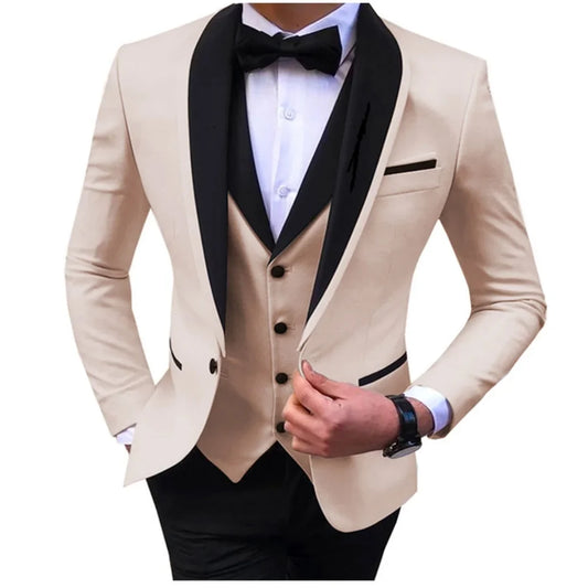 Blue Slit 3 Piece Men's Tuxedo Suits with Black Shawl Lapel Casual Wedding Groomsmen Blazer Vest Pants Set for 2023