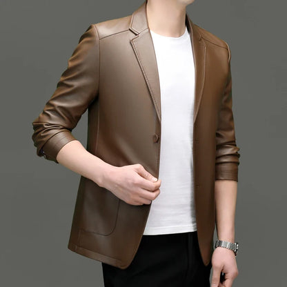 Spring/Summer New Men's Suit Collar Leather Jacket for Business and Casual Wear PU Leather Jacket for Middle-aged Men's Business