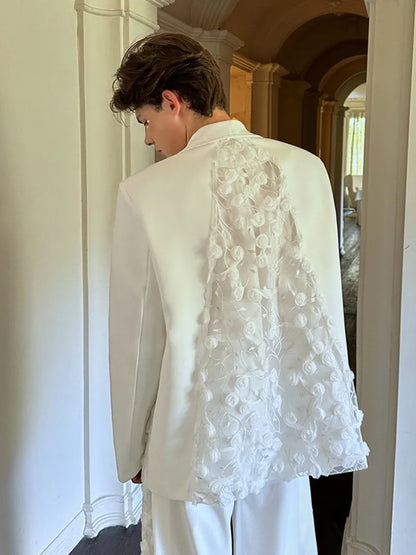 Mens Spliced Flowers Suit Jacket Wide Leg Pants Two Piece Set Loose Fit Spring Summer Designer Elegant Fashion Banquet Suits Set