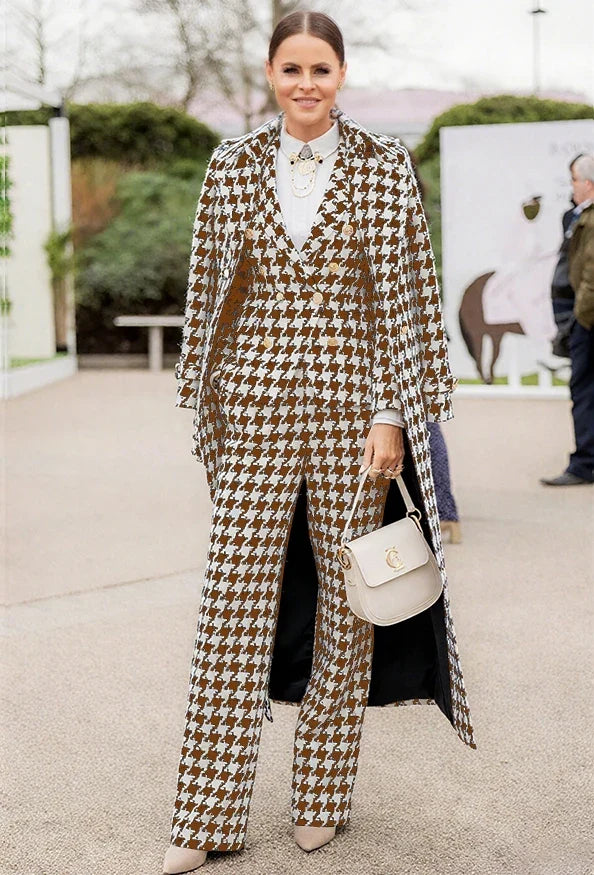Chic Houndstooth Women Suits 3 Piece & Only Jacket Peak Lapel Formal Casual Prom Party Pants Sets Long Coat Blazer Pants