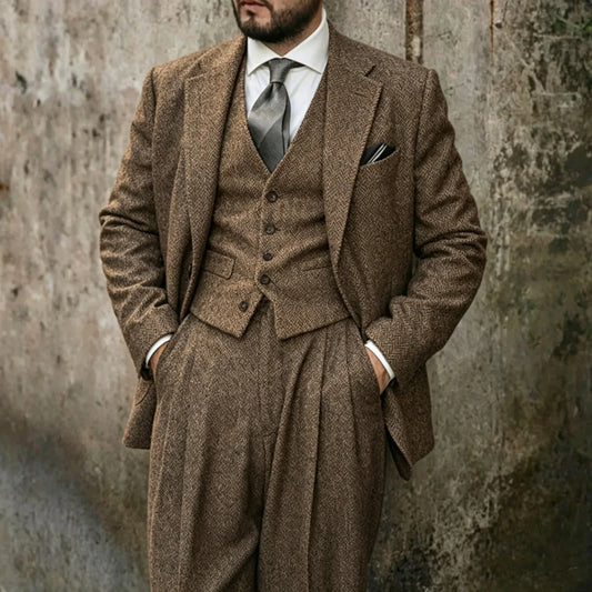 Retro Men's 3 Pieces Tweed Herringbone Suit Slim Fit Peak Lapel Wool Blend Dress Tuxedos For Wedding Groom (Blazer+Vest+Pants)