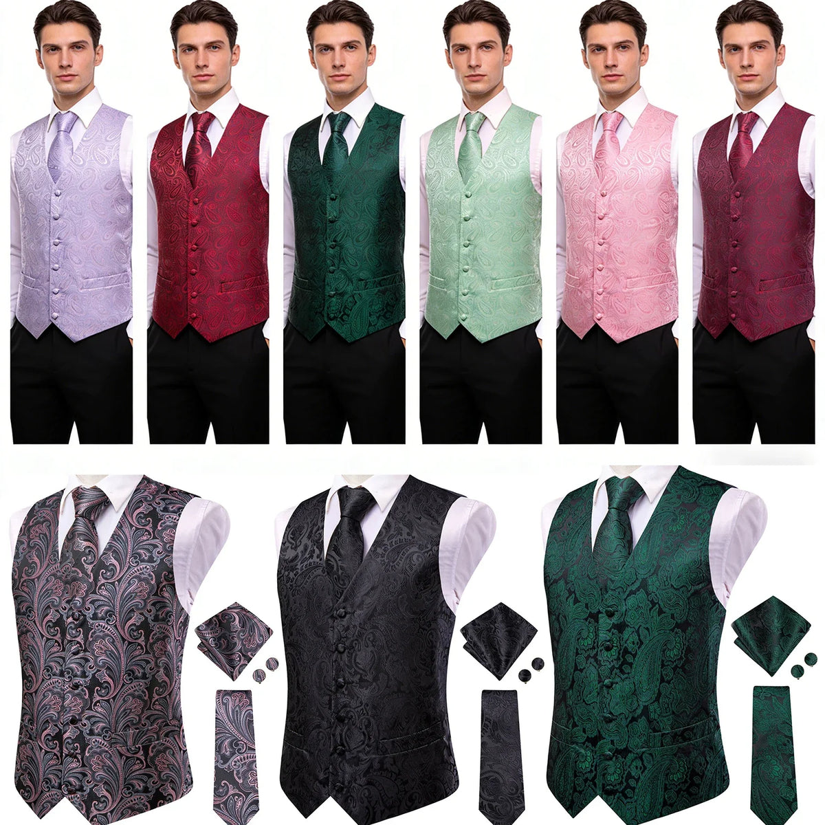 Men's Paisley Waistcoat Set – Single Breasted Vest with Matching Tie for Weddings and Formal Events