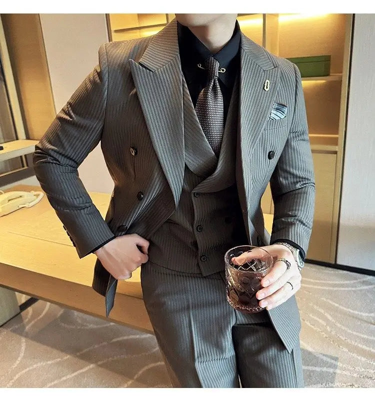 Korean Slim Fitt Wedding Suit Fashion Striped Double Breasted Suit 3 Piece Set Business Formal Casual Party Prom Host Suits