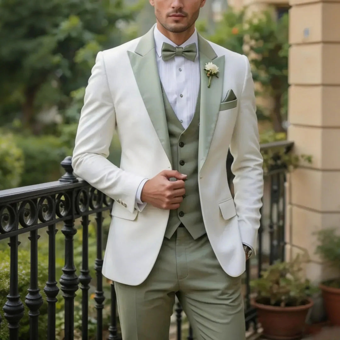 Men Suit Cream 3 Pieces Single Button With Lapel For Wedding Birthday Banquet Party Business Work Office Jacket Vest Pants