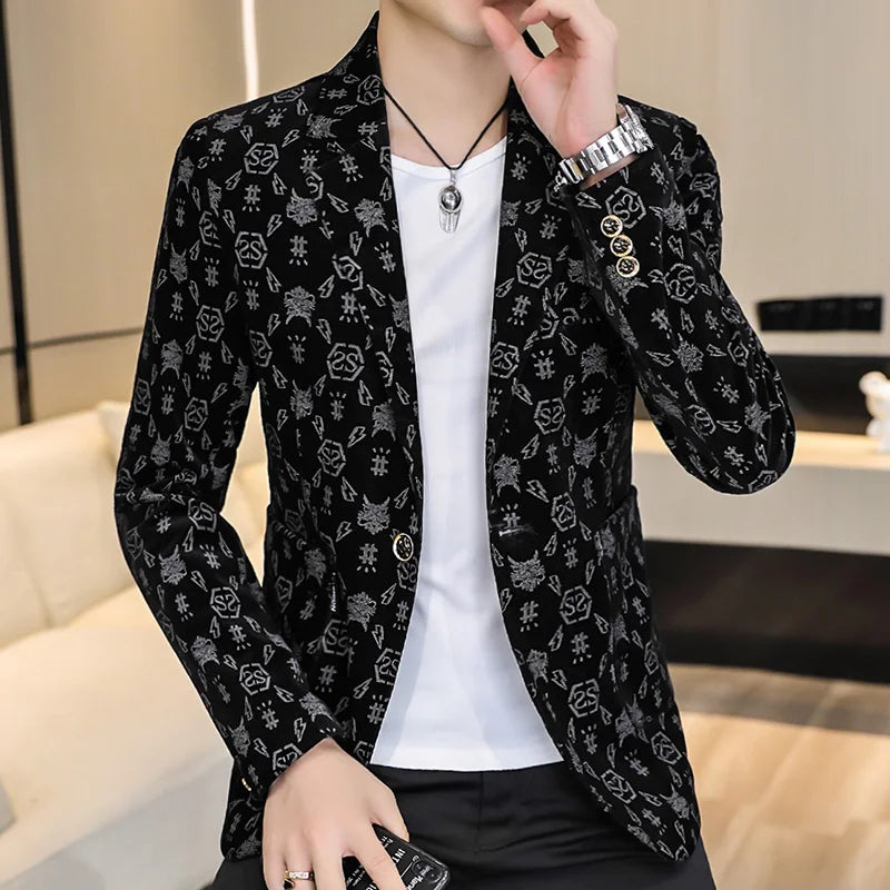 Blazer New Men's Fashion Corduroy Business Gentleman Slim Letter English Style Outdoor Performance Wedding Banquet Casual Blazer