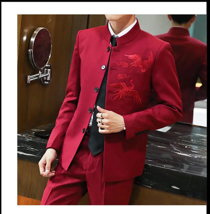Suit (Blazer + Trousers) Men's Chinese-Style Stand-Up Collar Wedding & Business Suit