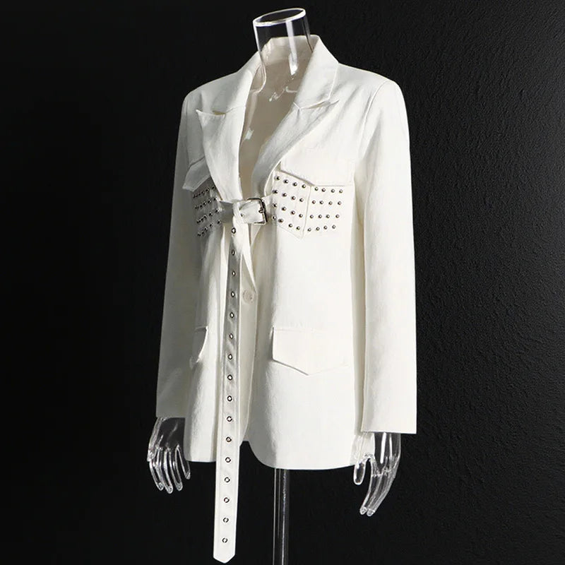 Women Blazer Stylish Elegant Design Rivets Lace-Up Patchwork Solid Color Trendy Niche Slim Fit Suit-Coat Autumn New HK28003