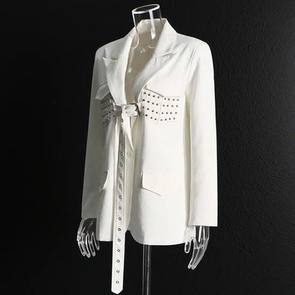Women Blazer Stylish Elegant Design Rivets Lace-Up Patchwork Solid Color Trendy Niche Slim Fit Suit-Coat Autumn New HK28003