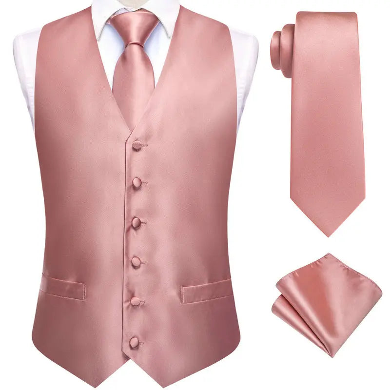 Men's Vest Double Breasted Satin V-Neck Waistcoat with Tie and Pocket Square 3-Piece Set for Weddings and Formal Events