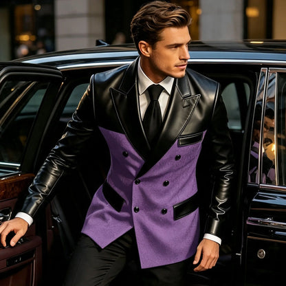 Men's Double Breasted Suit Blazer with Leather Patchwork for Weddings and Formal Events