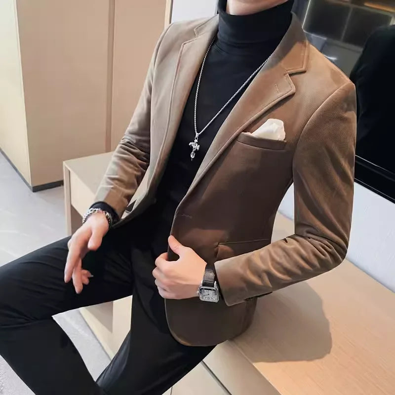 Men's Wool Blazer Single Breasted Smart Casual Solid Color Autumn Winter