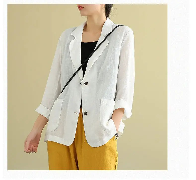 Casual Cotton and Linen Suit Jacket Women 2025 Spring and Summer New Loose solid Long-sleeved Blazer Woman Sunscreen Clothing